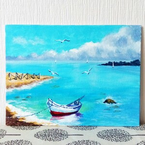 Peinture de bateau, art mural paysage marin, art original à l'huile, petite peinture à l'huile, mer originale sur commande, cadeaux personnalisés 12 x 20 cm image 3