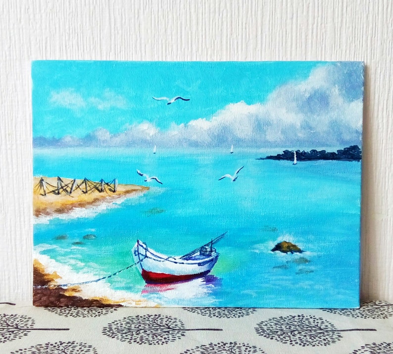 Peinture de bateau, art mural paysage marin, art original à l'huile, petite peinture à l'huile, mer originale sur commande, cadeaux personnalisés 12 x 20 cm image 3