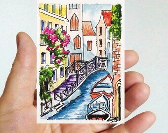 ACEO aquarelle Italie peinture originale Venise Italie С paysage urbain cadeau petite oeuvre 2,5 par 3,5&quot; par Larisa Bokareva