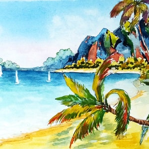 May include: Watercolor painting of a tropical beach scene with palm trees, mountains, and a sailboat in the distance. A green and blue parrot sits on a branch of a palm tree.