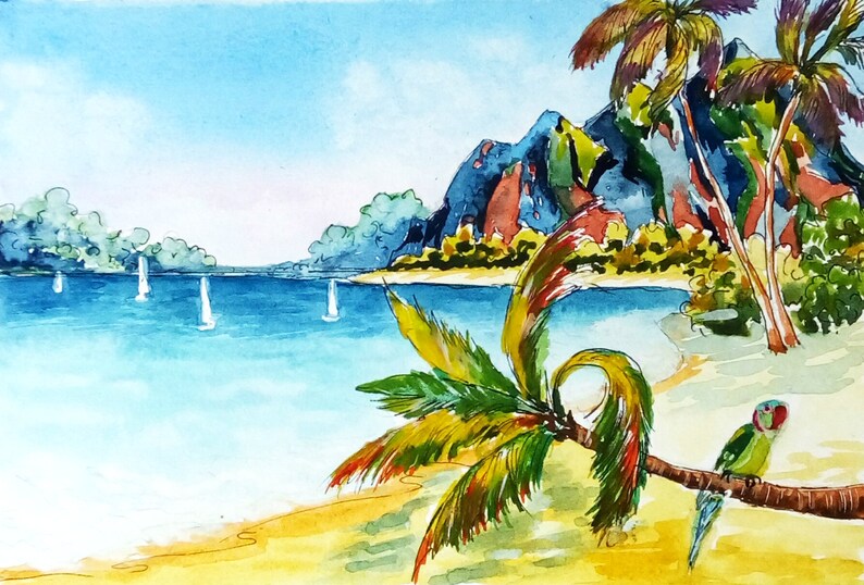 May include: Watercolor painting of a tropical beach scene with palm trees, mountains, and a sailboat in the distance. A green and blue parrot sits on a branch of a palm tree.