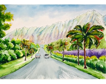 Oahu Hawaii Watercolor Painting: Tropical Mountain Art, 8x12