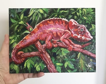 Impasto Painting Chameleon Painting Lizard Art Original Animal Artwork Tropical Oil Wall Art, Chameleon Lizard Reptile Art Cute desk decor
