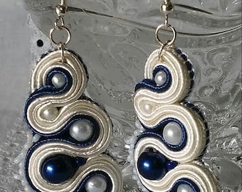 White-blue Soutache unique Earrings