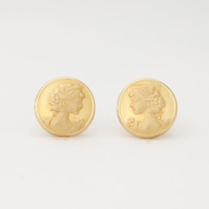 Vintage gouden oorbellen met een vrouw, vintage gouden stekers, 18 kt gouden sieraden, damesoorbellen, ronde oorbellen, 18 karaat, Gratis verzending