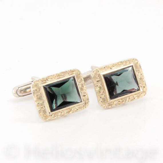 Vintage silver gemstone cuff links, green spinel c