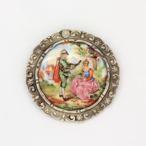 Vintage silver Limoges porcelain brooch, 1930's bi