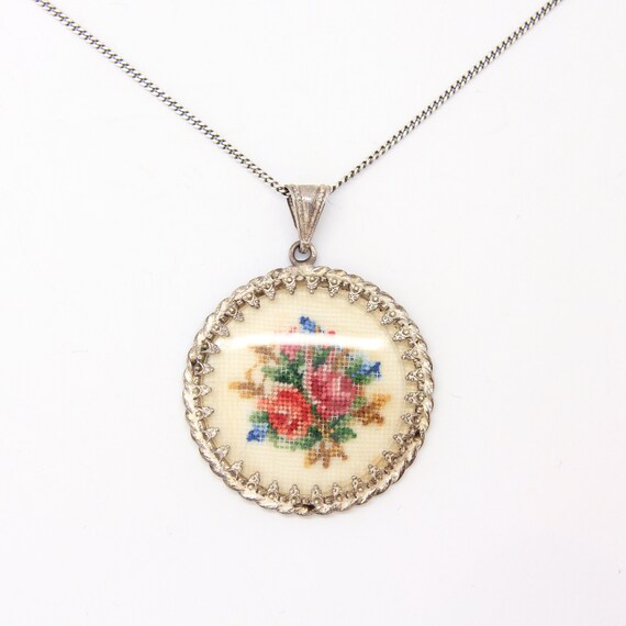 Vintage silver floral embroidered pendant, Vintage