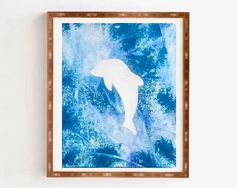 Watercolor Dolphin Art Print / 8 x 10 Canvas/ Handmade Embossed Nature Print