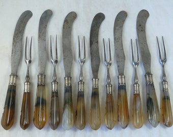 Silver Mounted Agate Handle Knives & Forks Scimitar Six Place Dinner Setting Table Cutlery English Georgian Antique