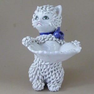 Spaghetti Cat Figurine Blue Bow Shell Pottery Studio Mid Century Italy
