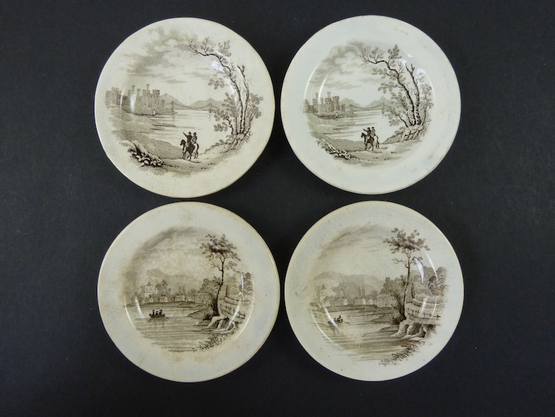 Victorian Black Brown Transfer Printed Childs Toy Tea Set Plates ...