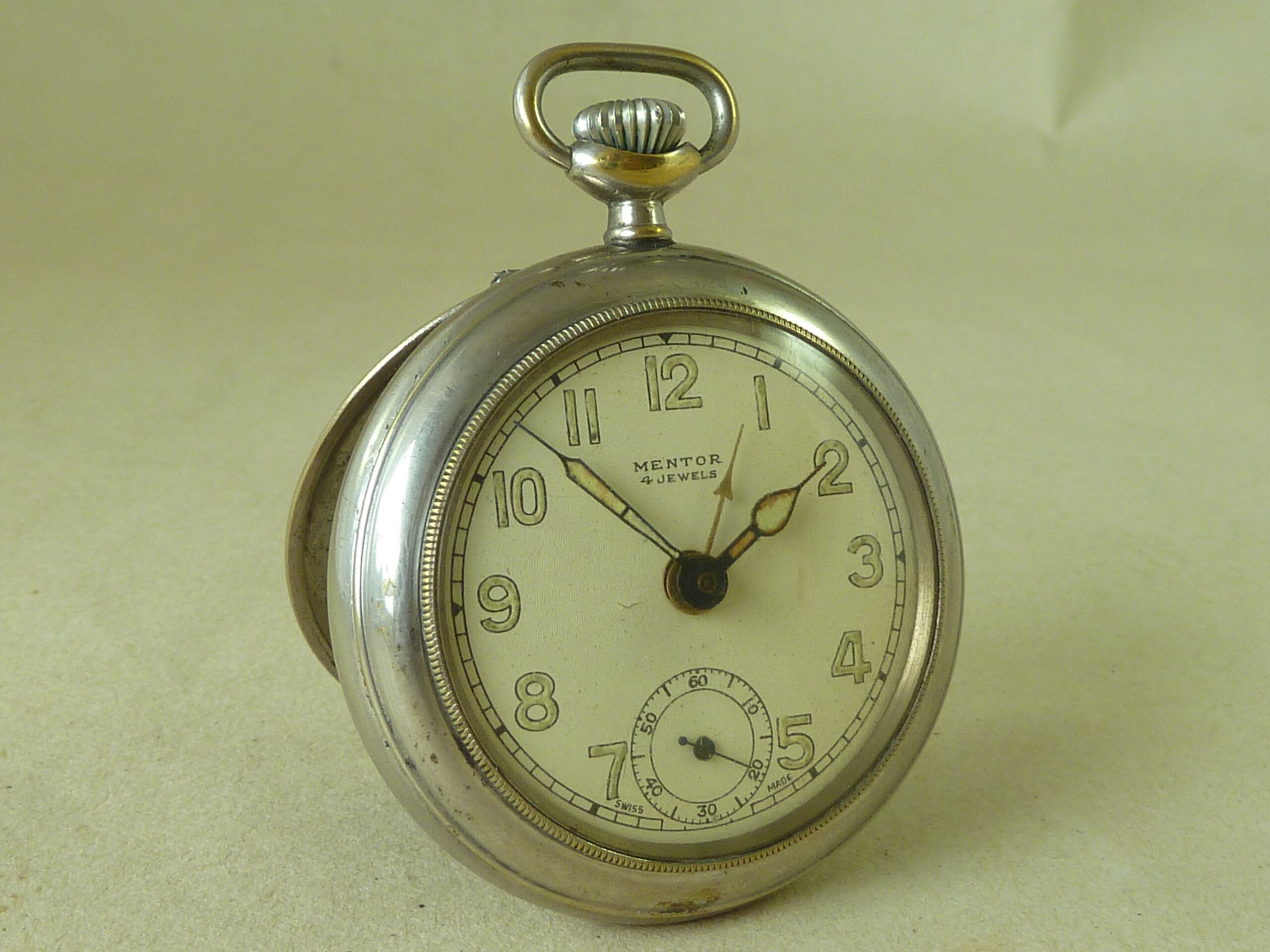Mentor Pocket Watch Alarm Clock Swiss Four Jewels Antique