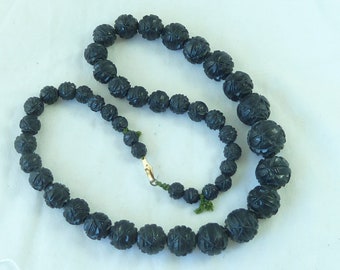 Victorian Whitby Jet Hand Carved Bead Necklace 70g 24" Mourning Jewelry Antique