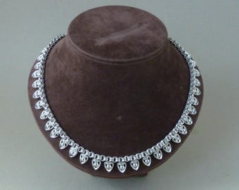 18" Edwardian Solid Sterling Silver Collar Pierced Hearts Round Link Chain Fringe Necklace
