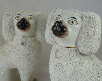 Pair Victorian Staffordshire Pottery Poodle Confetti Dogs Separate Leg Figures Gravelware Lion Cut Antique