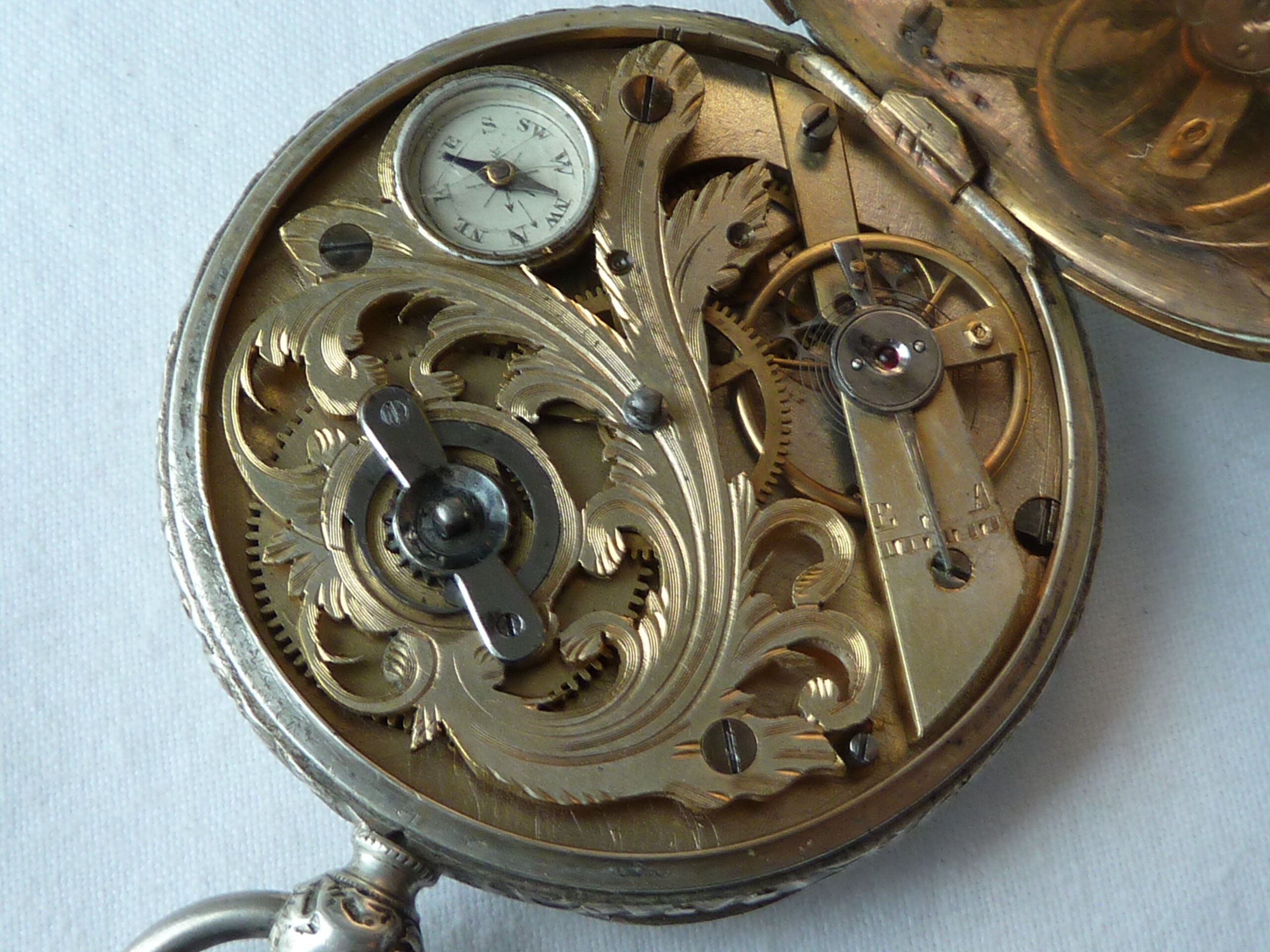 Silver Pocket Watch Swiss MI Chronometre With Compass Antique