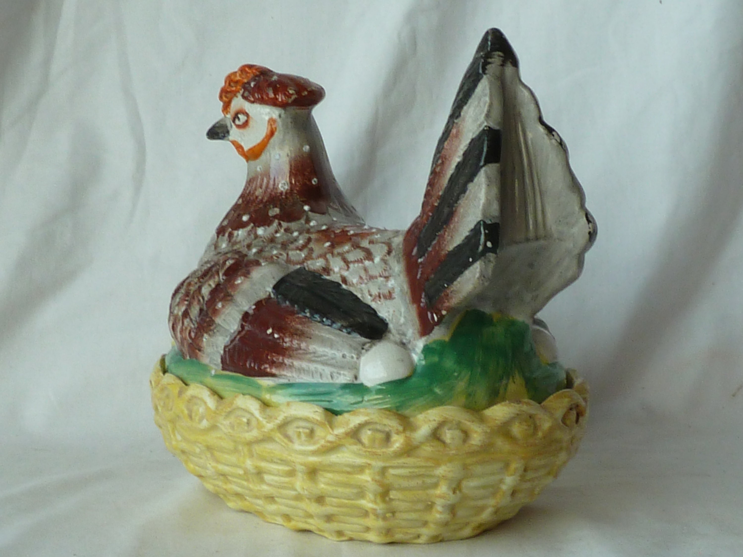A large Staffordshire pottery chicken egg basket and cover, late