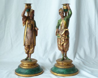 Pair French Cold Painted Spelter Figural Candlesticks Eastern Arabic Sculpture Antique