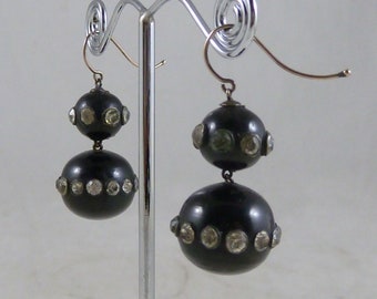 Victorian Whitby Jet Bead Paste Pendant Earrings Gold Shepherd Crook Wires