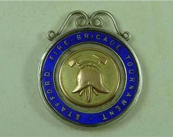 Enamel Stafford Fire Brigade Sterling Silver Fob F&S Shield Medal 1921 Vintage