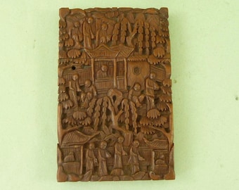 Estuche para tarjetas de visita chino tallado en sándalo, cantonés, antiguo, de exportación