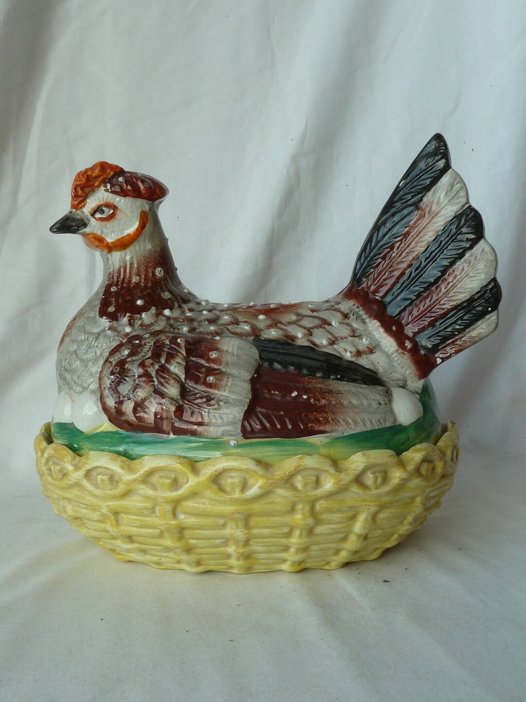 A large Staffordshire pottery chicken egg basket and cover, late