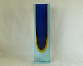 Große Murano Glasstein-Platten-Vase Sommerso Blau Gelb Markiert Italienisch