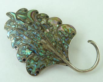 Sterling Marked Mexican Silver Leaf Abalone Shell Brooch Pin Pendant Vintage