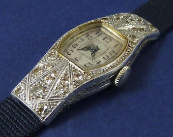 1930s Art Deco Diamond 18k White Gold Ladies Cocktail Watch Swiss Tissot Vintage