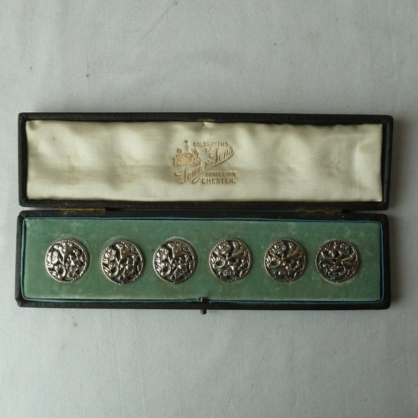Boxed Set 6 Buttons Silver Floral Art Nouveau Hallmarked 1901