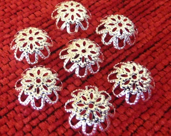 20/50x Filigree Flower Bead Caps, 10mm Silver Plated Hollow End Spacers, Beading Supplies C523