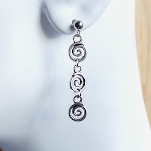 Small Spiral Charm Dangle Earrings, Silver Tone Stainless Steel Ball Stud Earrings with Rubber Backs F029