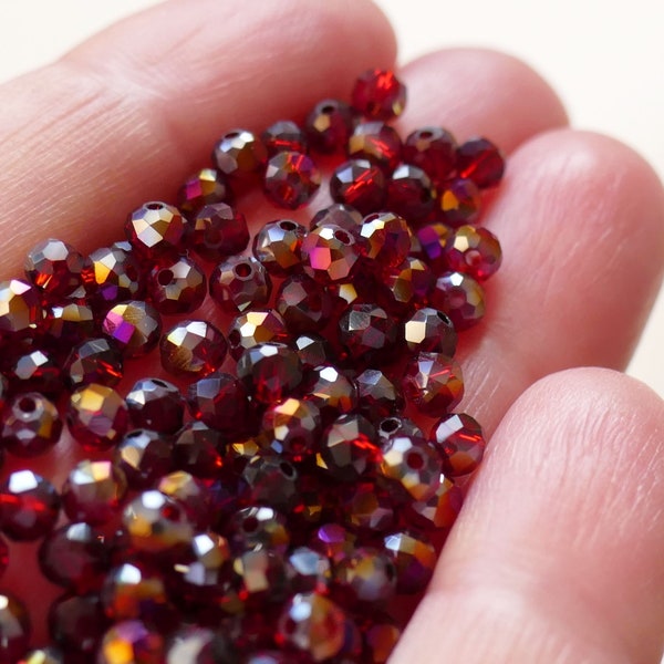 24/48x Wine Red AB 6mm x 4mm/3mm x 4mm Rondelle Crystal Glass Beads, Beading Supplies F216