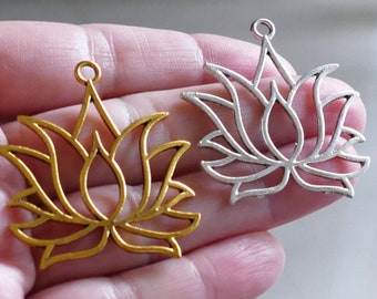 3x Yoga Lotus Charm Pendants, Gold/Silver tone Large Flower Charms D093