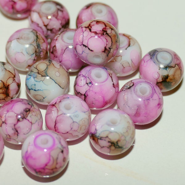 10 perles de verre rondes laquées roses, violettes, teintées de brun 6 mm/8 mm/10 mm, perles intercalaires multicolores, fournitures pour perles F164