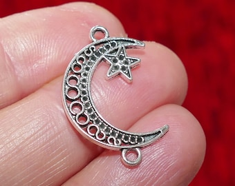 4x Crescent Moon Star 2 Hole Connector Charms, Antique Silver Tone D168