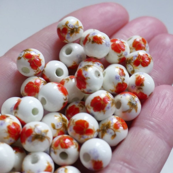 10x Porcelain 8mm Red and White Ceramic Round Beads, Orange Flower Beading Supplies F075