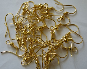 50x Gold Earring Hooks, Gold Plated Ball and Coil Earring Wires French Hooks, Free Shipping Ear Wires B025