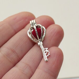 Könnte beinhalten: Silberfarbener Schlüsselanhänger mit herzförmigem Käfigdesign. Im Käfig befindet sich ein rotes Samtherz. Der Schlüsselgriff hat ein dekoratives Design. Geeignet für die Schmuckherstellung oder als Charme.
