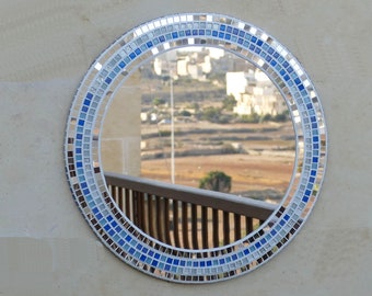 Blue Mosaic Round Mirror, Handmade Wall Mirror U007