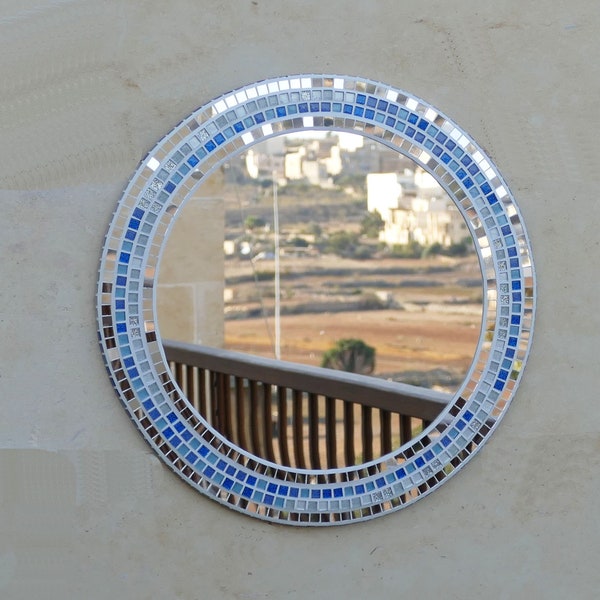 Miroir rond en mosaïque bleue, miroir mural fait main U007