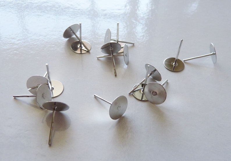 Flat Pad Earring Posts with Backs C744 Silver Tone Flat Back Earring Studs /& Rubber Backs 8mm Earring Studs Steel Earring Studs