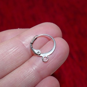 May include: Silver-toned earring hook with a spring-loaded clasp. The hook is made of metal and has a smooth finish.