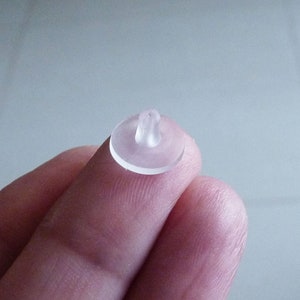 May include: A clear plastic button with a small raised center. The button is designed to be used as a replacement for a lost or broken button on clothing.