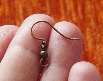 20/50x Bronze Earring Wires, Antique Bronze tone Earring Hooks, French Fish Hook, Ball and Coil Ear Wires B145