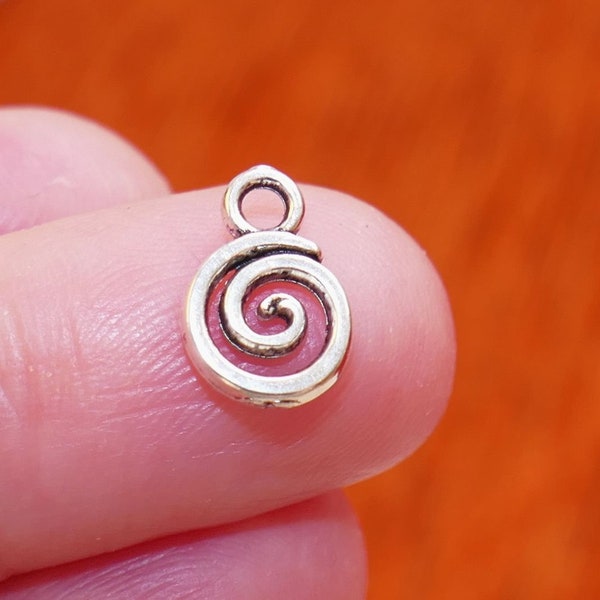 10x Small Spiral Swirl Charms, Antique Silver Tone Double Sided Metal Pendant F029