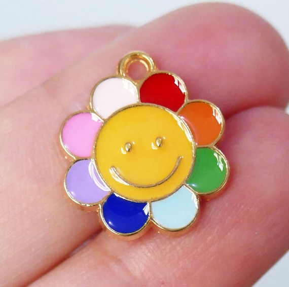 Smiley face flower charms, rainbow charms, charm bracelets, jewelry making  charms, cute charms, unique charms, 5 per pack