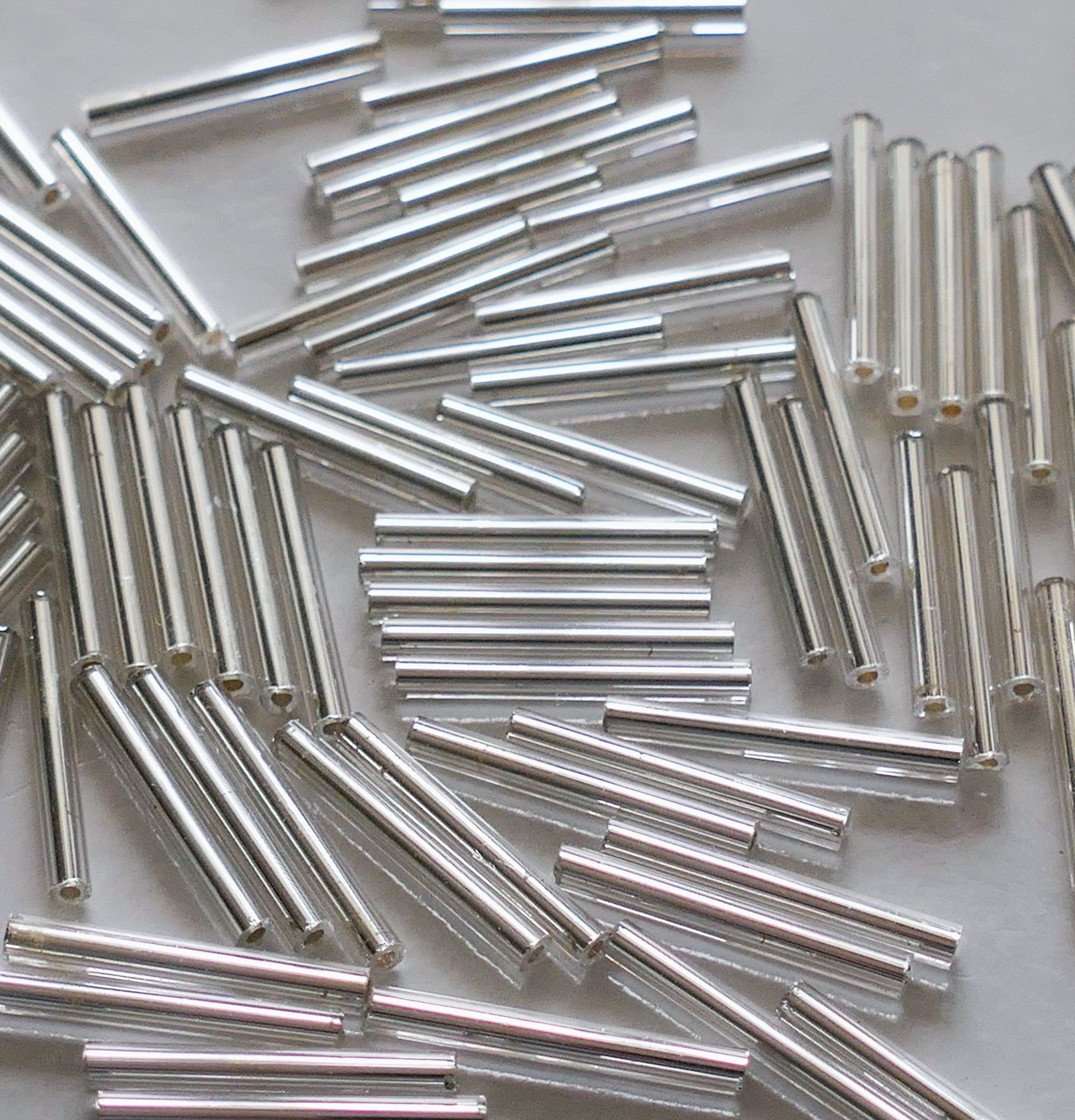 50x Long Silver Lined Tube Glass Bugle Beads 20mm Spacer Beads