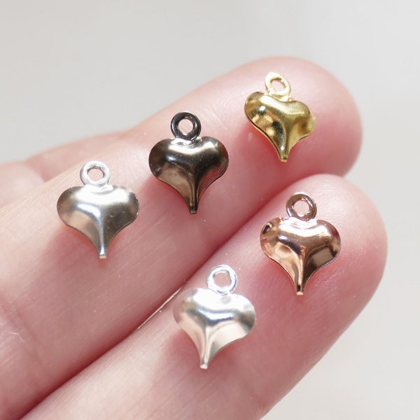 5/10x Puffy Heart Charms, Gold/Silver/Black Stainless Steel Small Heart Charms F200
